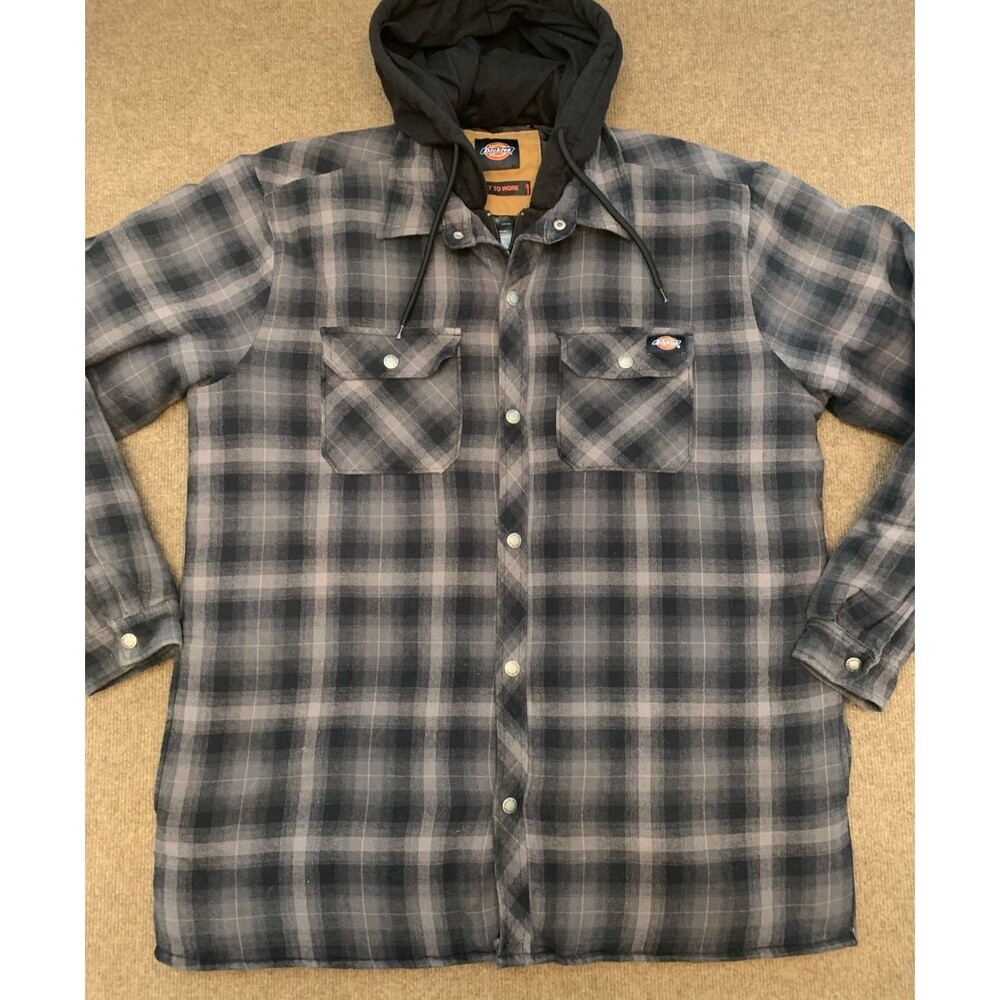 Dickies Jacket Mens XLT Flannel Hooded Shacket Plaid Repellent Quilted TJ211